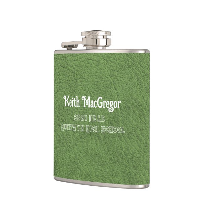 Faux Leather Green Graduation Gift Hip Flask (Left)