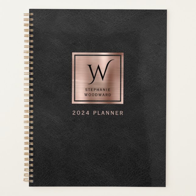 Faux Leather Look Black Rose Gold Monogram 2024 Planner (Front)