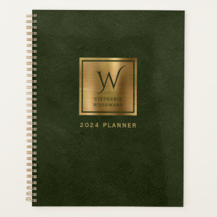 Faux Leather Look Dark Green Gold Monogram 2024 Planner