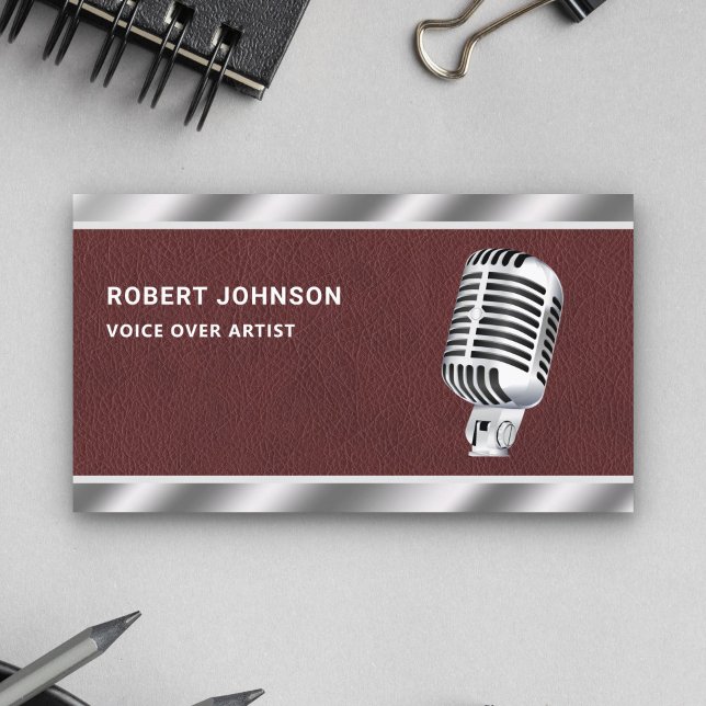 Faux Leather Metallic Microphone Voice Over Artist Business Card (Creator Uploaded)