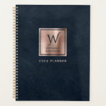 Faux Leather Navy Blue Rose Gold Monogram 2024 Planner<br><div class="desc">This elegant planner features a digital background image in imitation of navy blue leather texture. Personalize it with your monogram initial in navy blue decorative font and your name in navy blue copperplate lettering on a rose gold faux brushed metal square, along with the year or other text of your...</div>
