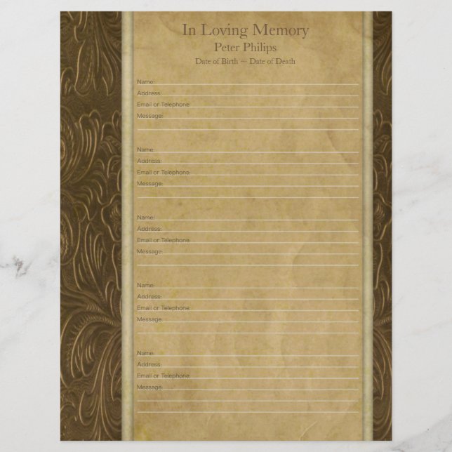 Faux leather parchment Memorial book Filler page (Front)