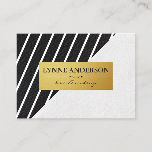 Faux Leather White Stripes Gold Metallic Label Business Card (Front)