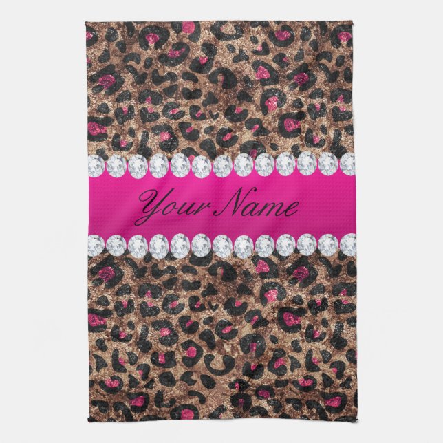Faux Leopard Hot Pink Rose Gold Foil and Diamonds Kitchen Towel (Vertical)
