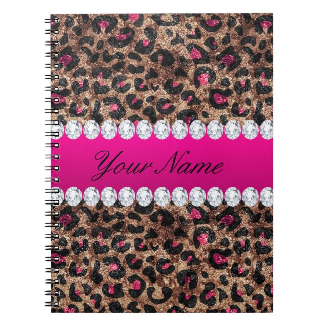Faux Leopard Hot Pink Rose Gold Foil and Diamonds Notebook (Front)