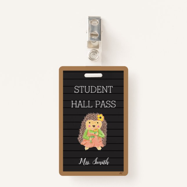 Faux Letter Board Girl Hedgehog Bathroom Hall Pass Badge (Front with Clip)