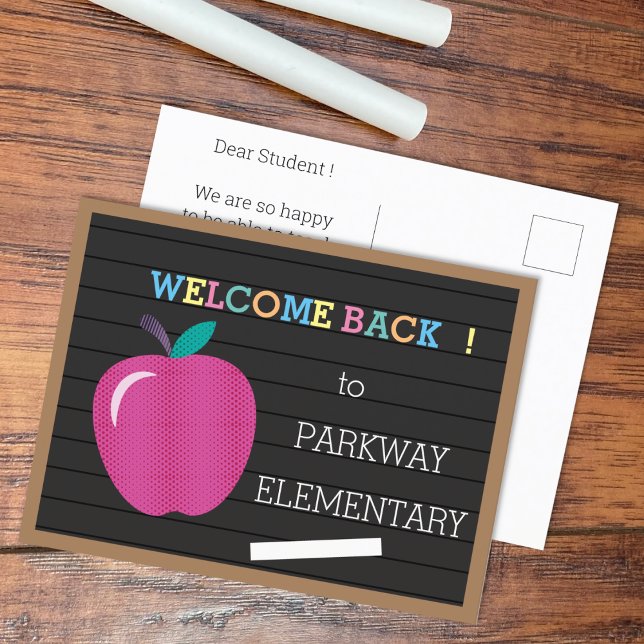 Faux letter board Welcome Back postcard with apple (Faux letterboard back-to-school postcard .)