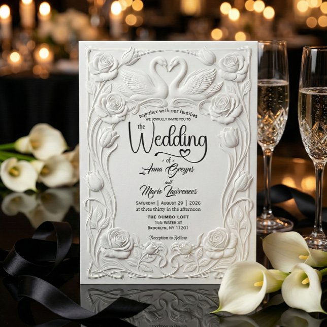 Faux Letterpress Embossed Floral Swan Wedding   Invitation (Creator Uploaded)