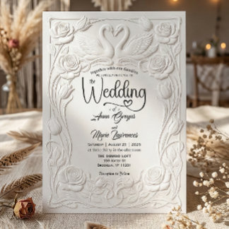 Faux Letterpress Embossed Floral Swan Wedding Invitation
