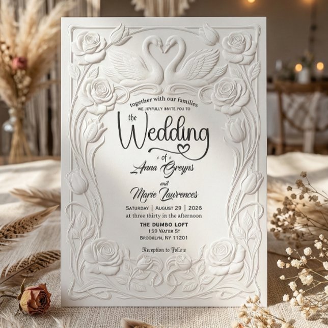 Faux Letterpress Embossed Floral Swan Wedding   Invitation (Creator Uploaded)