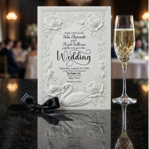Faux Letterpress Embossed Swan Floral Wedding Invitation