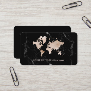 Faux Light Gold World Map on Black Marble Business Card