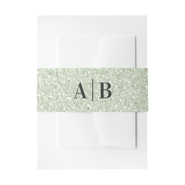 Faux Light Sage Glitter Wedding Monogram Invitation Belly Band (Front Example)