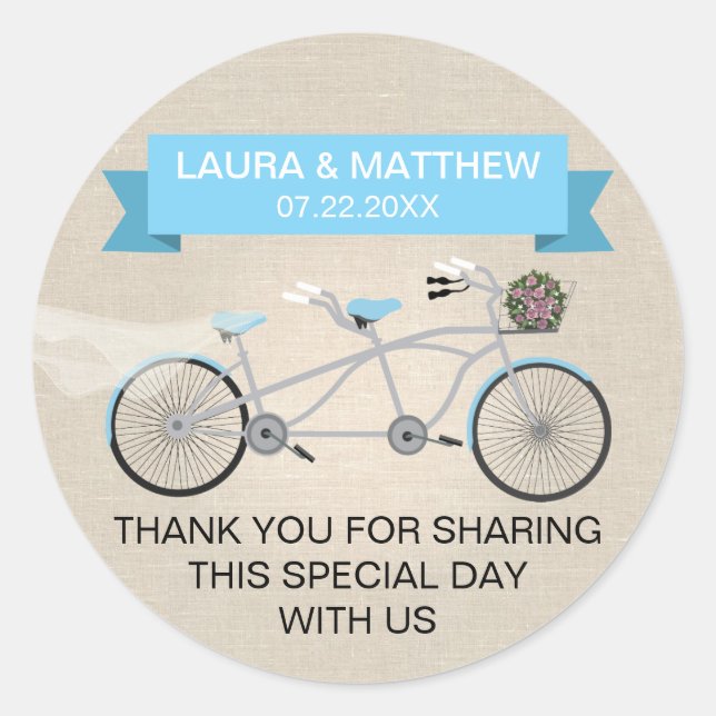 Faux Linen Blue Tandem Bicycle Wedding Classic Round Sticker (Front)