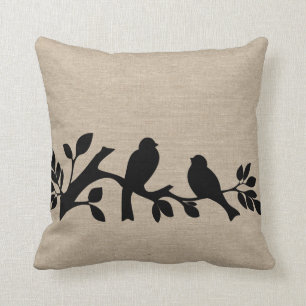 Faux linen burlap rustic chic jute love birds patt throw pillow