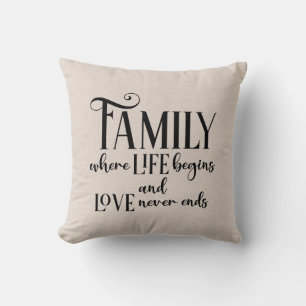 Faux linen family quote throw pillow