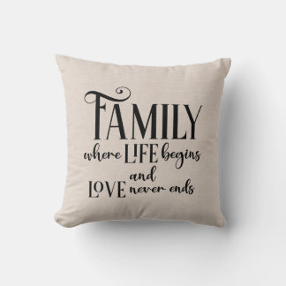 Faux linen family quote throw pillow