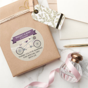 Faux Linen Plum Tandem Bicycle Wedding Classic Round Sticker