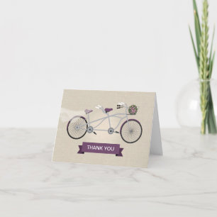 Faux Linen Plum Tandem Bicycle Wedding Thank You Card