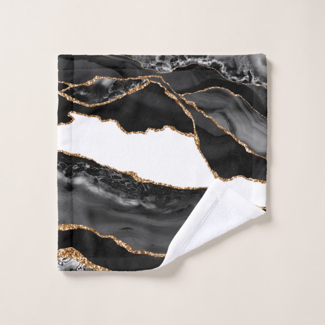 Faux Marblé Agate Black Stone Luxe Or (Gant de toilette)