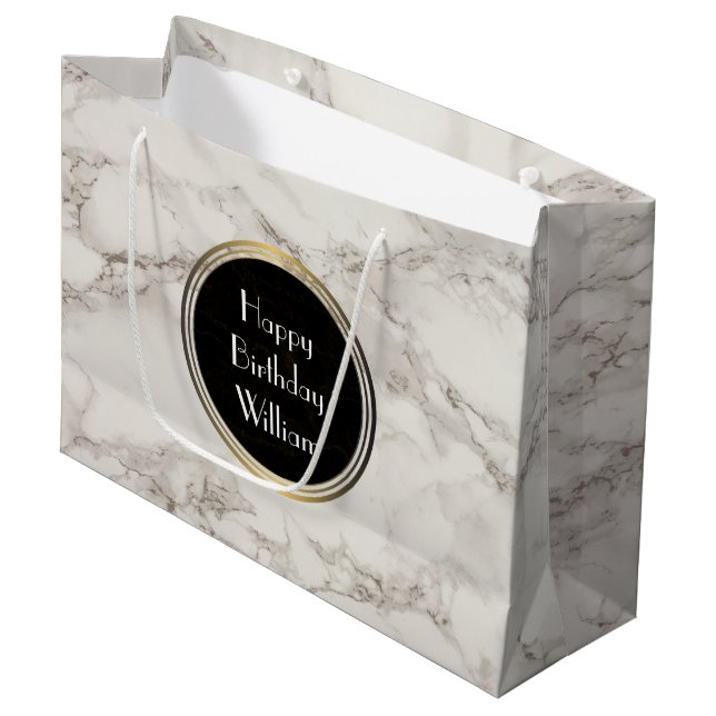 Faux Marble Alabaster Taupe Tan Modern Birthday Large Gift Bag (Front Angled)