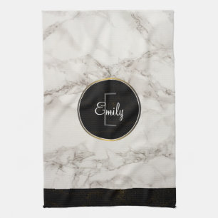 Faux Marble Alabaster Taupe Tan Monongram Kitchen Towel