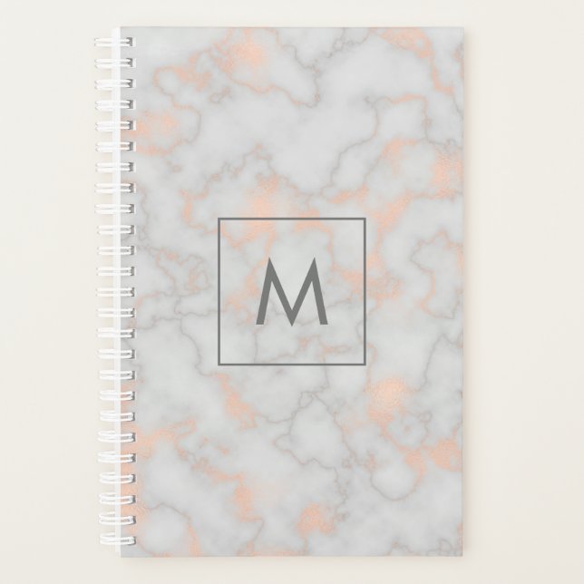 Faux Marble and Rose Gold Texture Monogrammed Planner (Front)