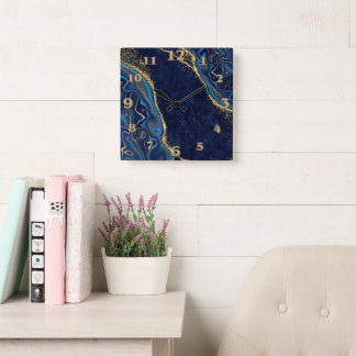 Faux Marble Navy Gold Shades Square Wall Clock