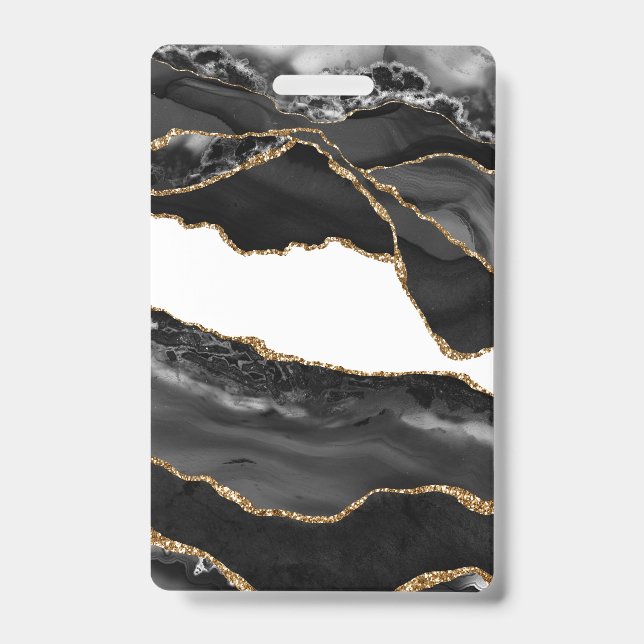 Faux Marbled Agate Black Stylish Stone Luxury Badge (Front)