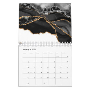 Faux Marbled Agate Black Stylish Stone Luxury Gold Calendar