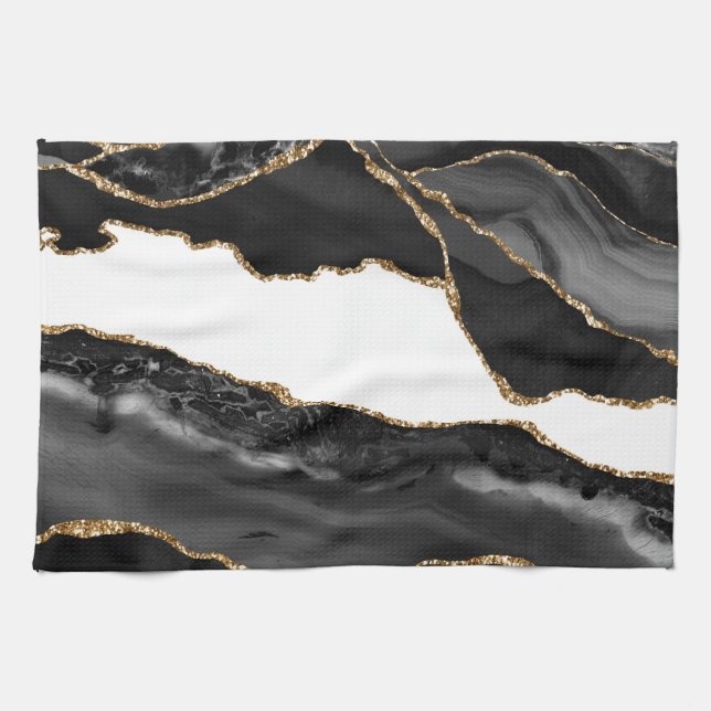 Faux Marbled Agate Black Stylish Stone Luxury Gold Kitchen Towel (Horizontal)