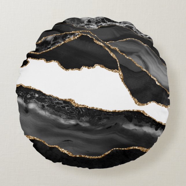Faux Marbled Agate Black Stylish Stone Luxury Gold Round Pillow (Front)