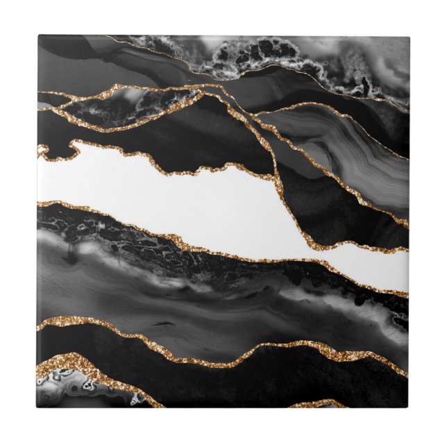 Faux Marbled Agate Black Stylish Stone Luxury Gold Tile (Front)