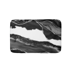 Faux Marbled Agate Black White Trendy Modern Stone Bath Mat