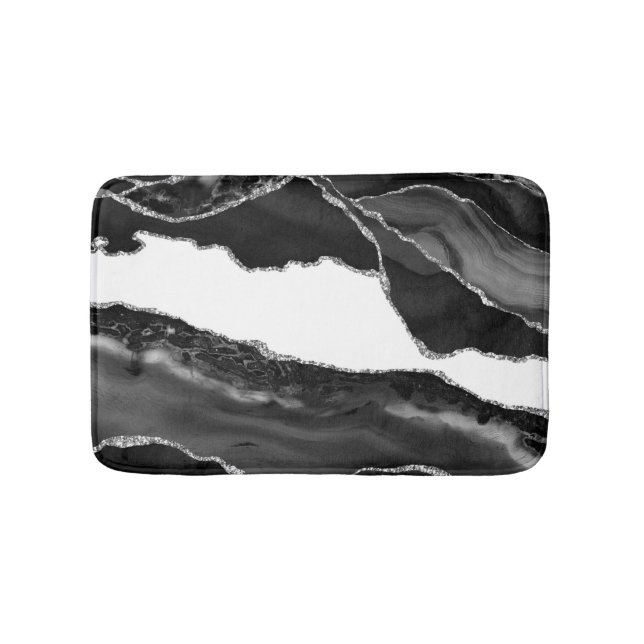 Faux Marbled Agate Black White Trendy Modern Stone Bath Mat (Front)
