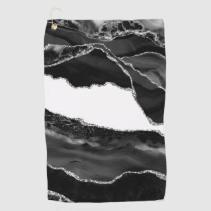 Faux Marbled Agate Black White Trendy Modern Stone Golf Towel