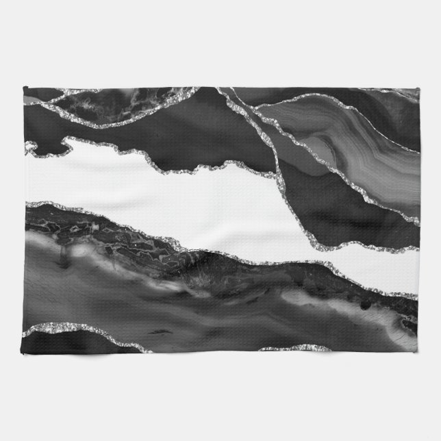 Faux Marbled Agate Black White Trendy Modern Stone Kitchen Towel (Horizontal)
