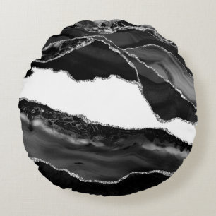 Faux Marbled Agate Black White Trendy Modern Stone Round Pillow