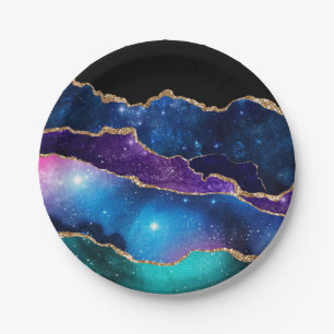 Faux Marbled Agate Stone Galaxy Sparkly Shining Paper Plate