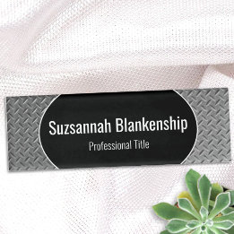 Faux Metal Diamond Plate Black Centre Name Tag