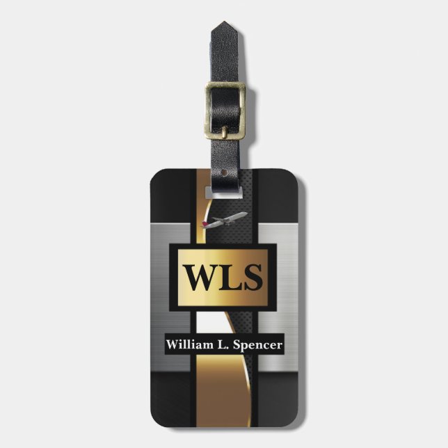 Faux Metal Gold Black Grey Monogram   Luggage Tag (Front Vertical)