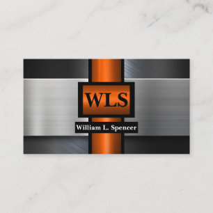Faux Metal Grey Black Orange Monogram Business Card