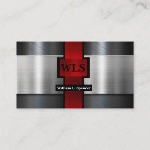 Faux Metal Grey Black Red Monogram Business Card