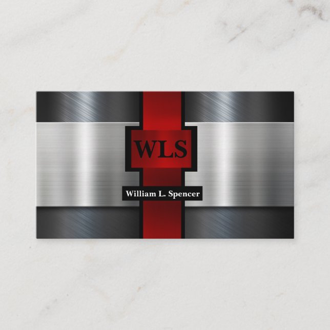 Faux Metal Grey Black Red Monogram Business Card (Front)