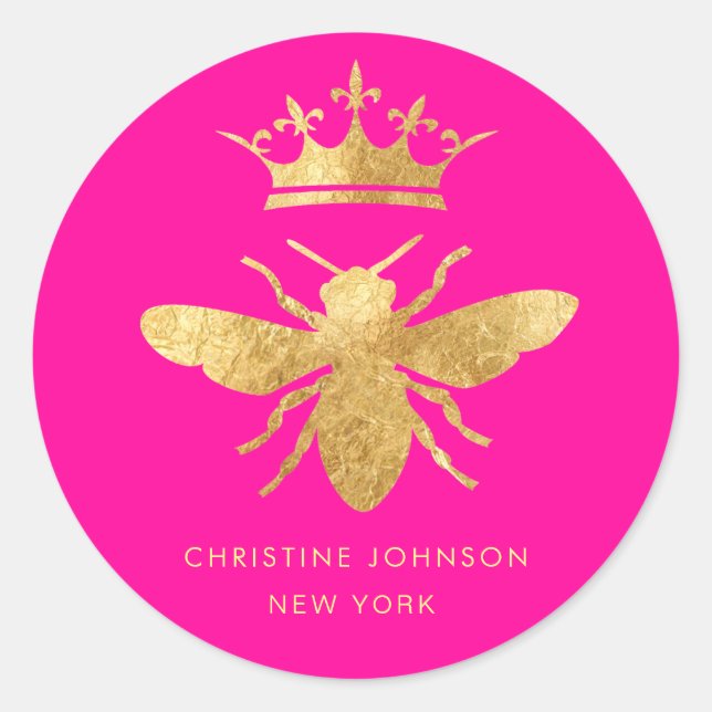 faux metallic effect queen bee on neon pink classic round sticker (Front)