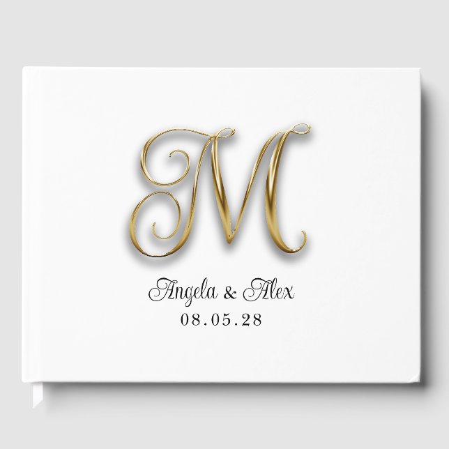 Faux Metallic Gold Curly Wedding Monogram Guest Book (Front)