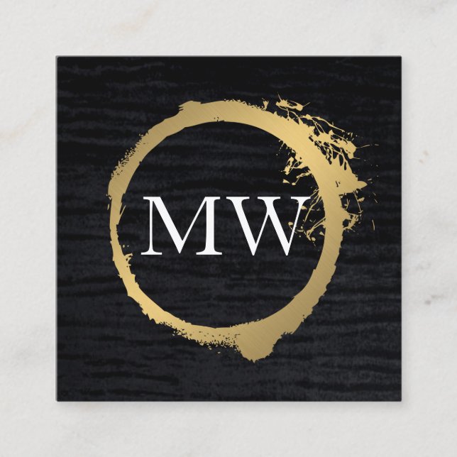 Faux Metallic Gold Velvet Black with Monogram Square Business Card (Front)