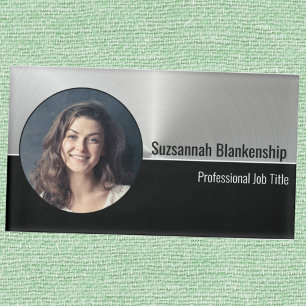 Faux Metallic Professional Silver Flare Photo Name Tag