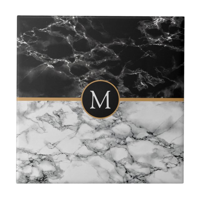 Faux Monogram Black and White Marble Ceramic Tile (Front)