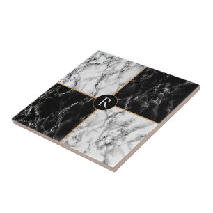 Faux Monogram Black White Check Marble Tile